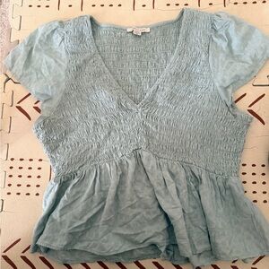 American Eagle Outfitters Light Blue Smocked V-Neck Peplum Top